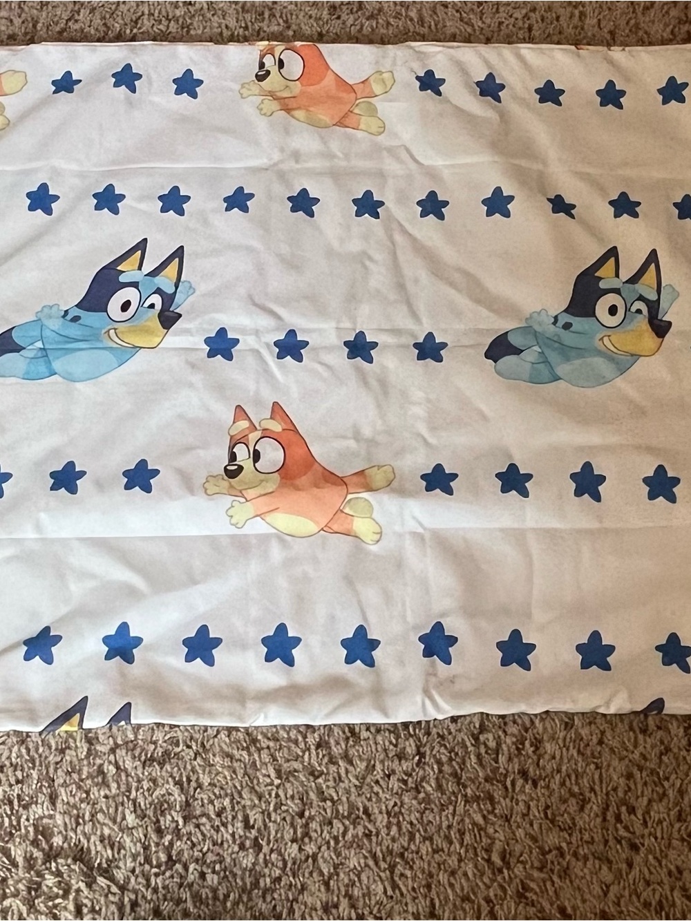 TWIN Bluey & Bingo Star Print Kids sheet set with two pillowcases.
